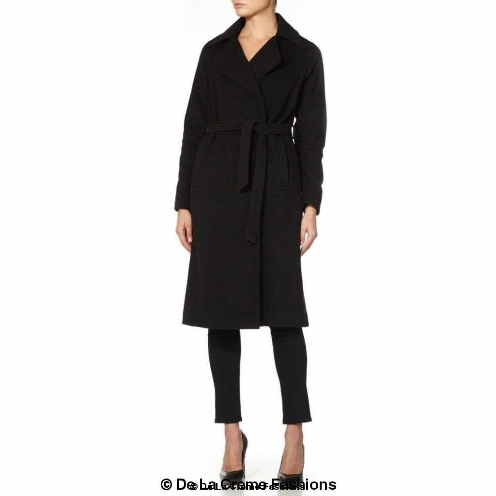 Diana Wrap Around Duster Coat featuring a waterfall lapel collar, open front design, and a stylish belt, made from a luxurious wool and cashmere blend.