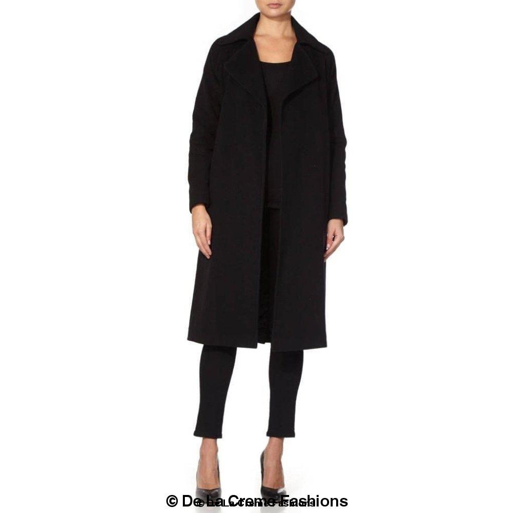 Diana Wrap Around Duster Coat featuring a waterfall lapel collar, open front design, and a stylish belt, made from a luxurious wool and cashmere blend.