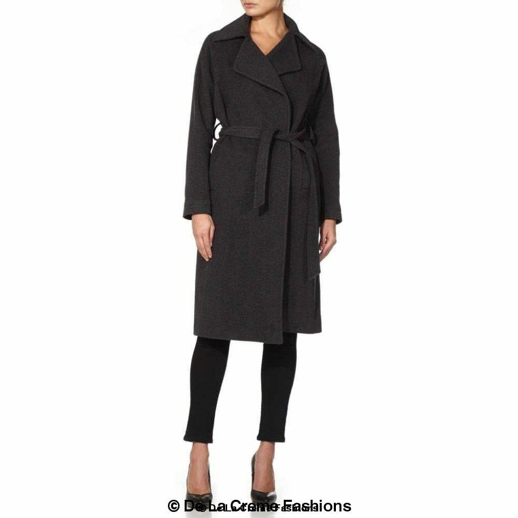 Diana Wrap Around Duster Coat featuring a waterfall lapel collar, open front design, and a stylish belt, made from a luxurious wool and cashmere blend.