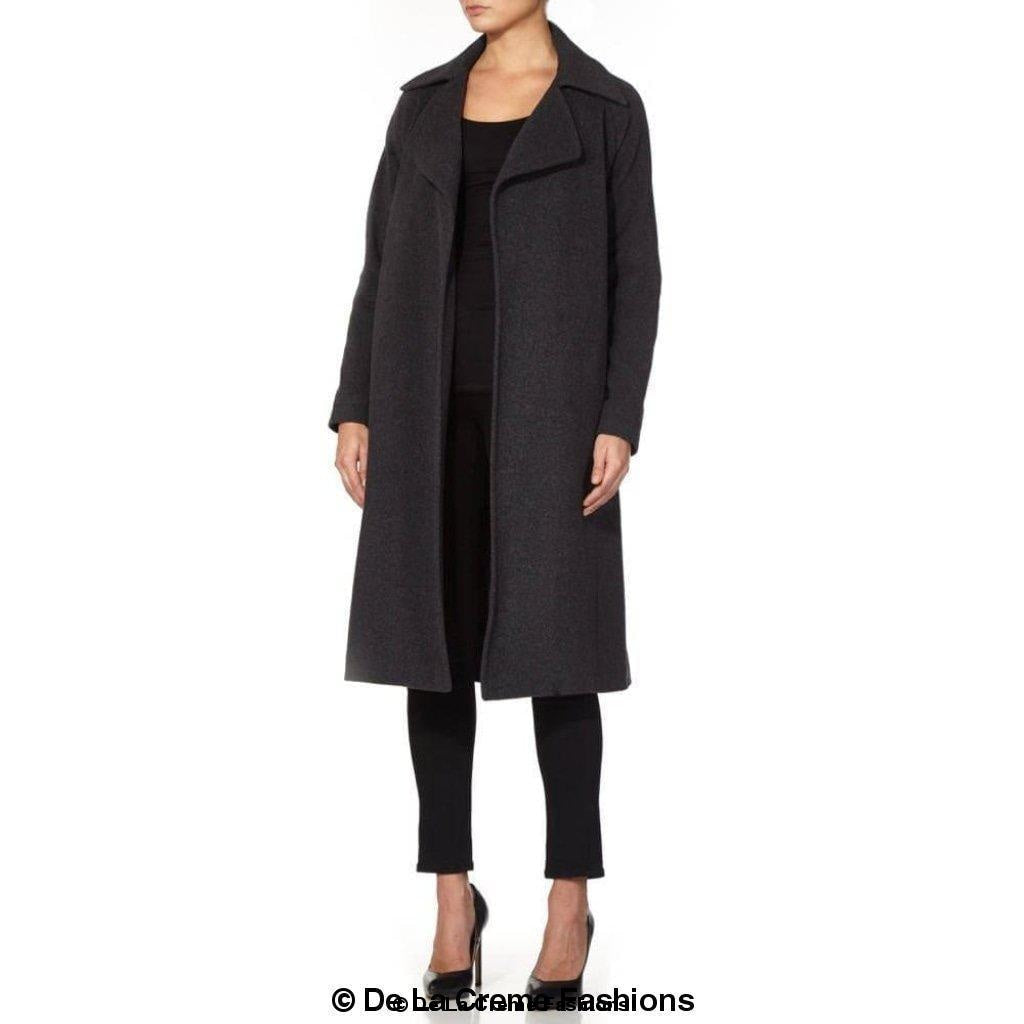 Diana Wrap Around Duster Coat featuring a waterfall lapel collar, open front design, and a stylish belt, made from a luxurious wool and cashmere blend.