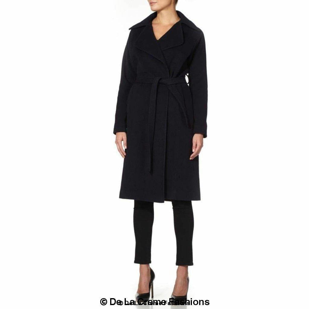 Diana Wrap Around Duster Coat featuring a waterfall lapel collar, open front design, and a stylish belt, made from a luxurious wool and cashmere blend.