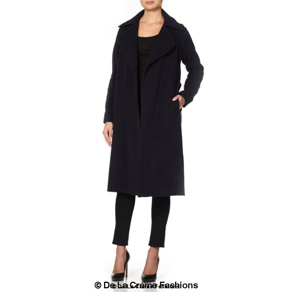 Diana Wrap Around Duster Coat featuring a waterfall lapel collar, open front design, and a stylish belt, made from a luxurious wool and cashmere blend.