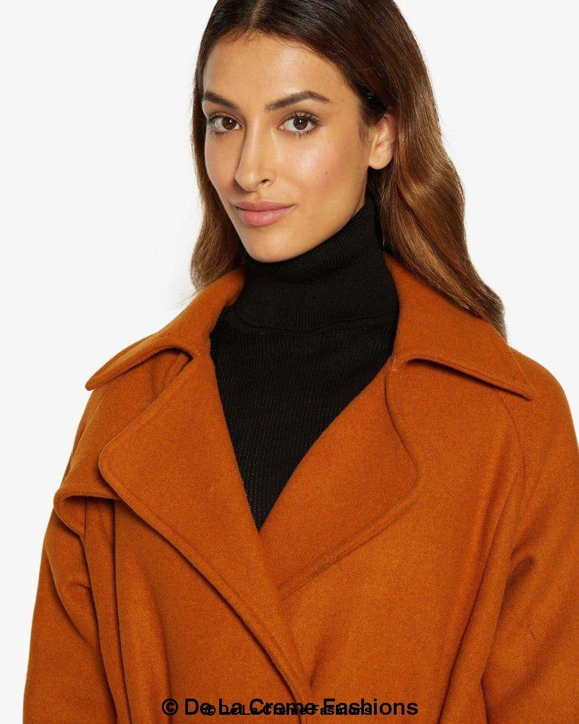 Diana Wrap Around Duster Coat featuring a waterfall lapel collar, open front design, and a stylish belt, made from a luxurious wool and cashmere blend.