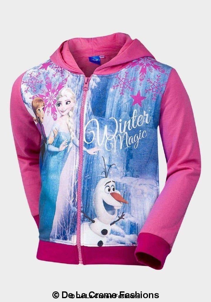 Disney Girls Frozen Princess hoodie featuring Anna, Elsa, and Olaf, with a cozy hood and long sleeves in grey and pink colors.