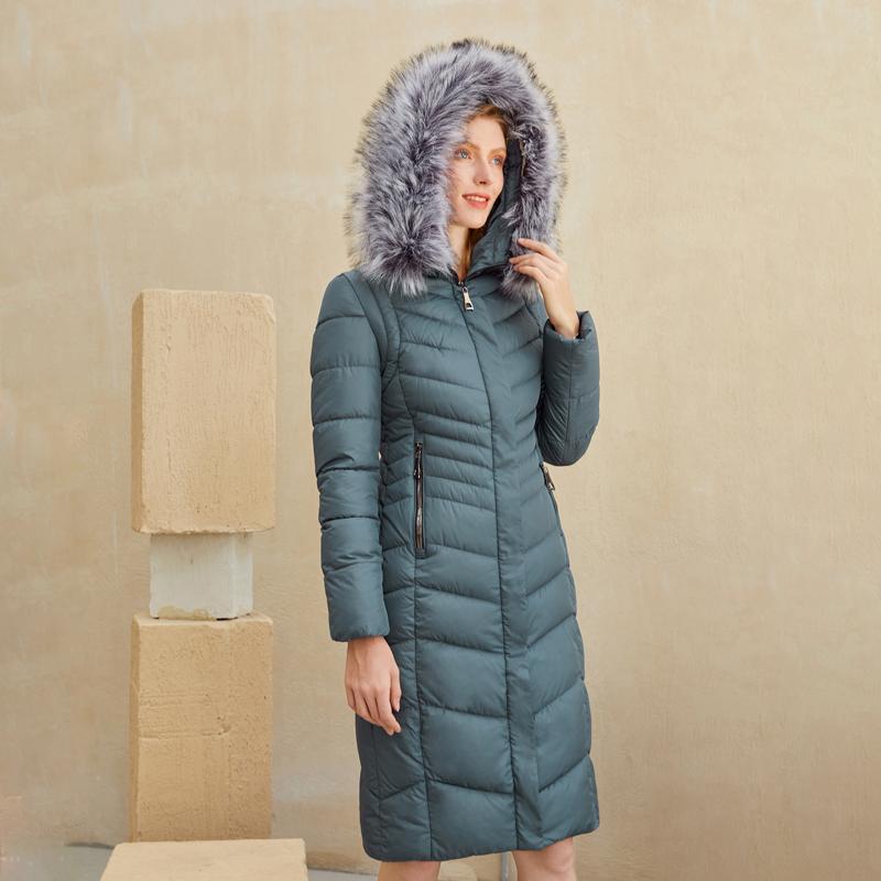 Elegant winter women parka coat puffer jacket in solid color, featuring a hood, full sleeves, and zipper closure, designed for warmth and style.