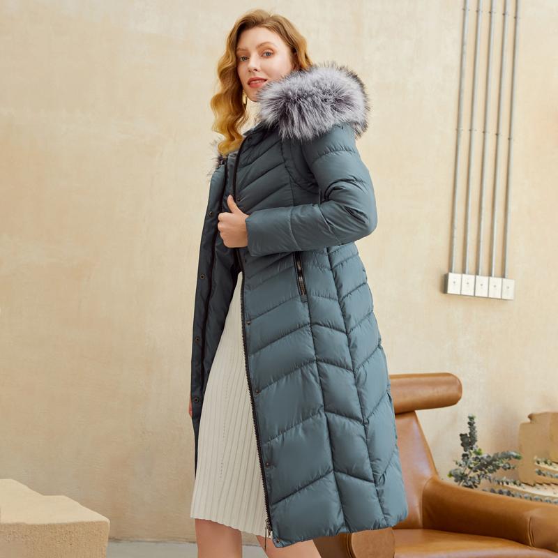 Elegant winter women parka coat puffer jacket in solid color, featuring a hood, full sleeves, and zipper closure, designed for warmth and style.