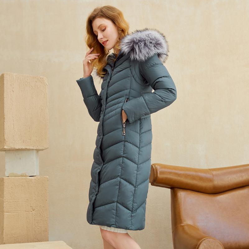 Elegant winter women parka coat puffer jacket in solid color, featuring a hood, full sleeves, and zipper closure, designed for warmth and style.