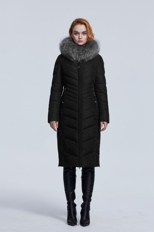 Elegant winter women parka coat puffer jacket in solid color, featuring a hood, full sleeves, and zipper closure, designed for warmth and style.