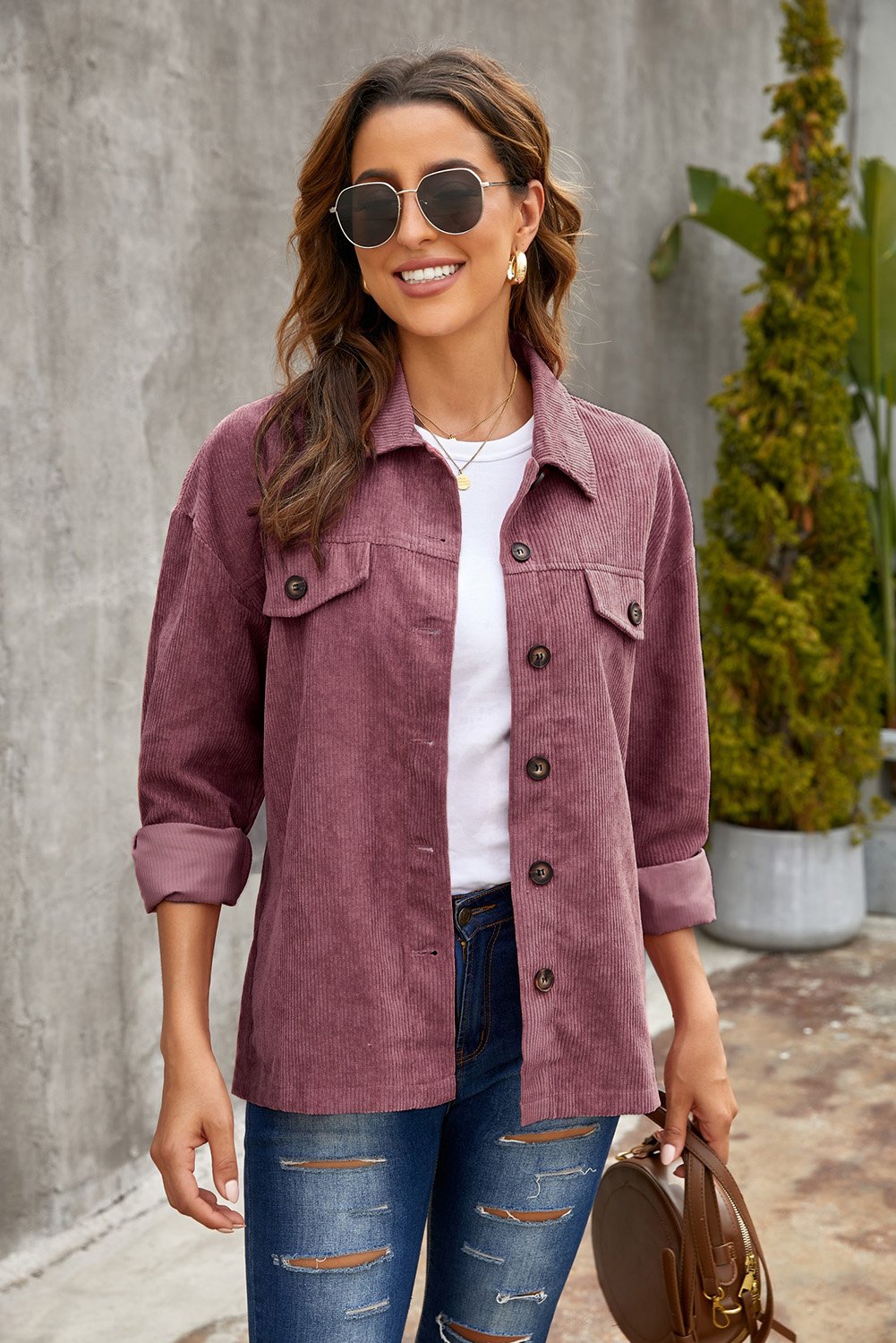 A stylish Fall Corduroy Shirt Coat in vibrant colors, featuring a turn-down collar and button-up design, perfect for autumn and winter wear.