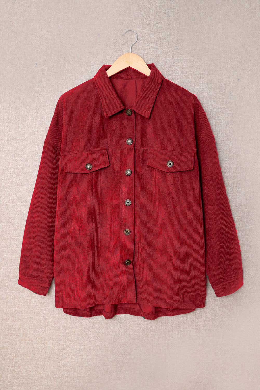 A stylish Fall Corduroy Shirt Coat in vibrant colors, featuring a turn-down collar and button-up design, perfect for autumn and winter wear.