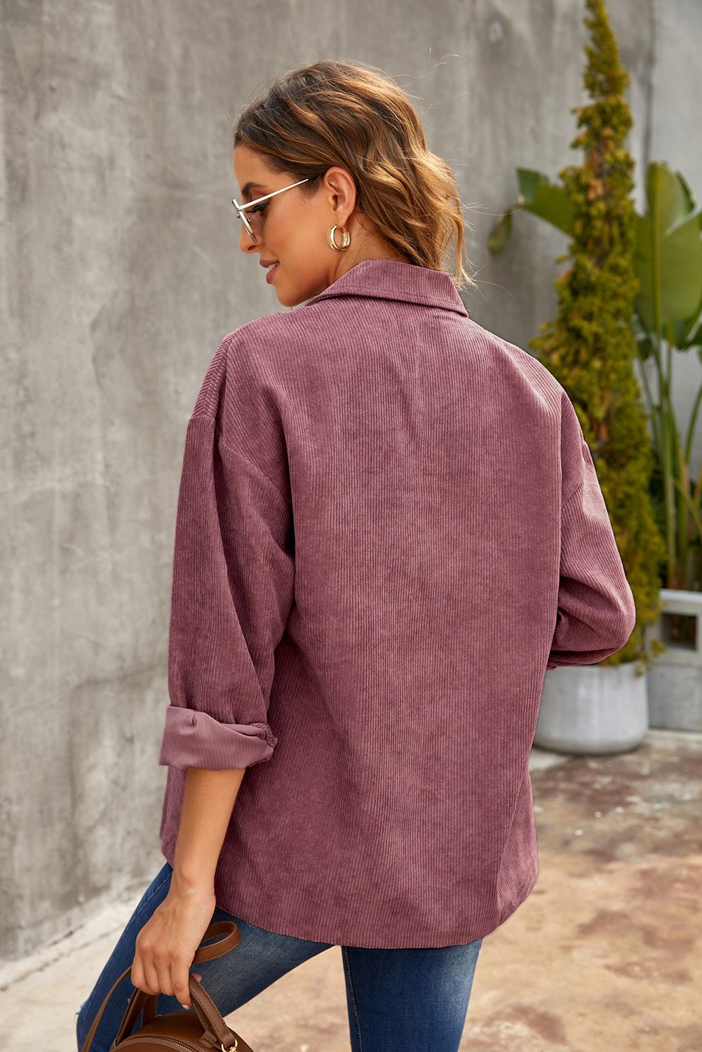 A stylish Fall Corduroy Shirt Coat in vibrant colors, featuring a turn-down collar and button-up design, perfect for autumn and winter wear.