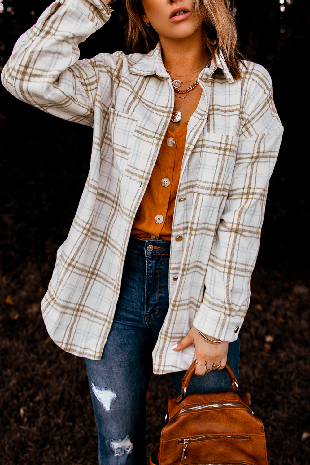 Fall Khaki Plaid Shacket featuring a classic plaid pattern, button closure, and functional pockets, perfect for winter wear.