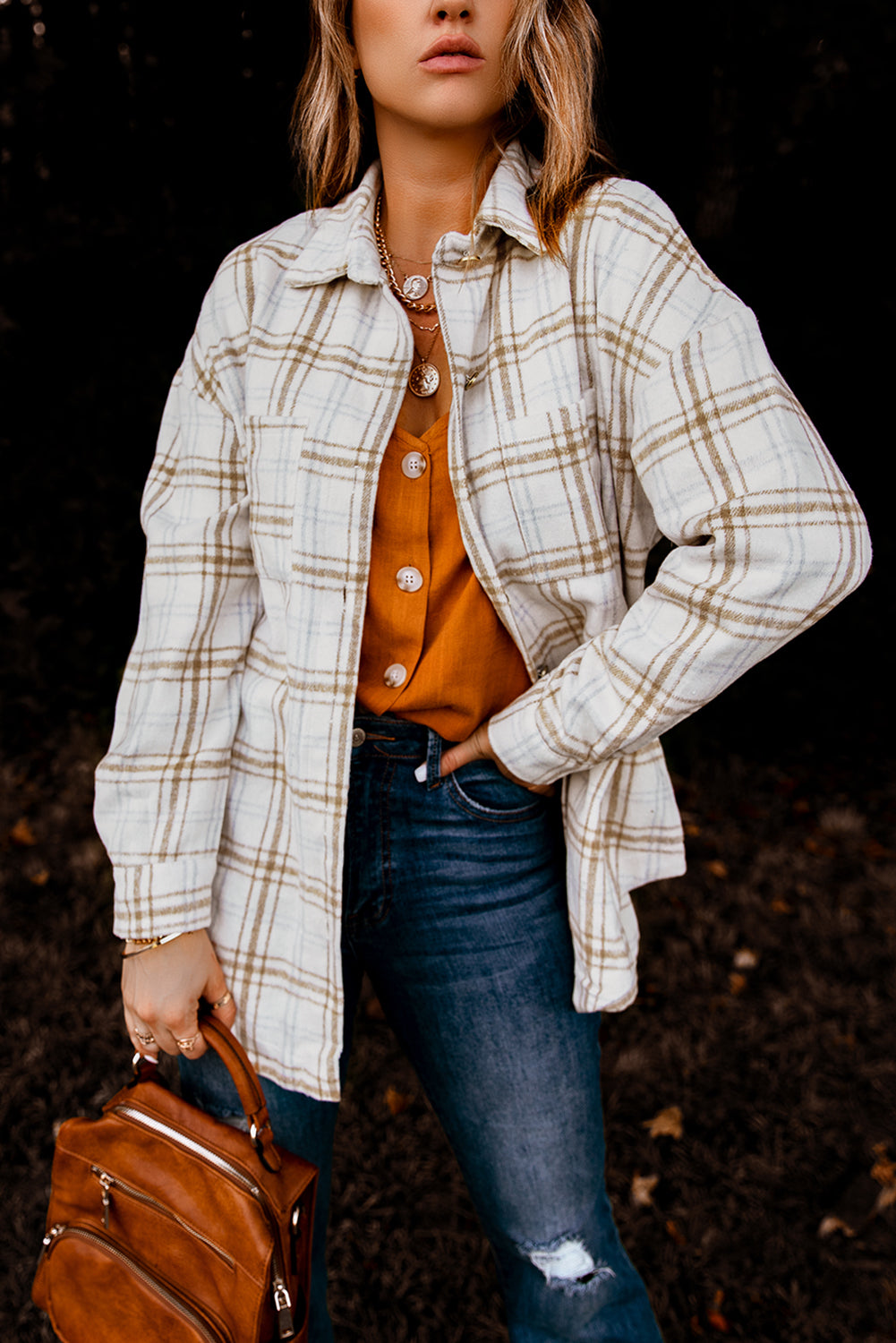 Fall Khaki Plaid Shacket featuring a classic plaid pattern, button closure, and functional pockets, perfect for winter wear.