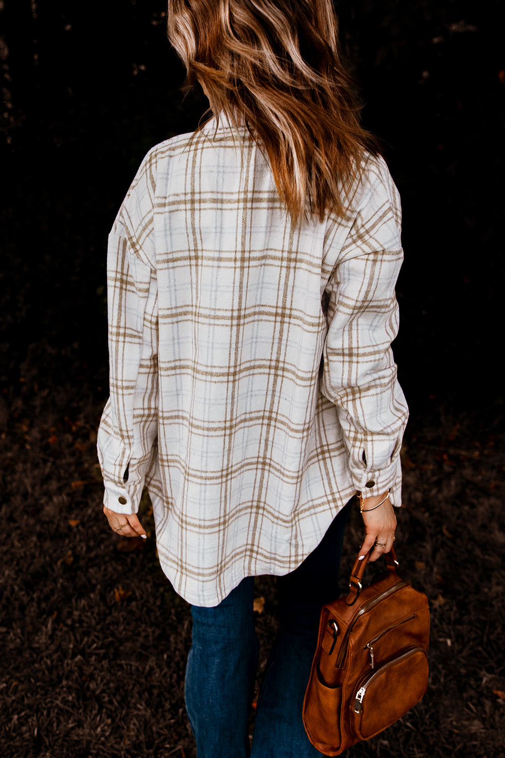 Fall Khaki Plaid Shacket featuring a classic plaid pattern, button closure, and functional pockets, perfect for winter wear.