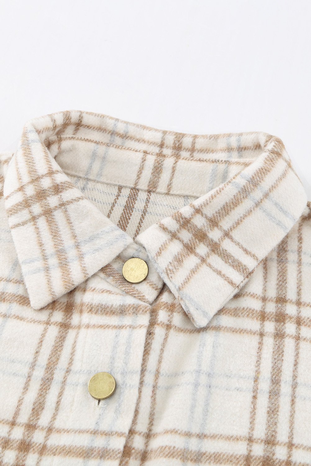 Fall Khaki Plaid Shacket featuring a classic plaid pattern, button closure, and functional pockets, perfect for winter wear.