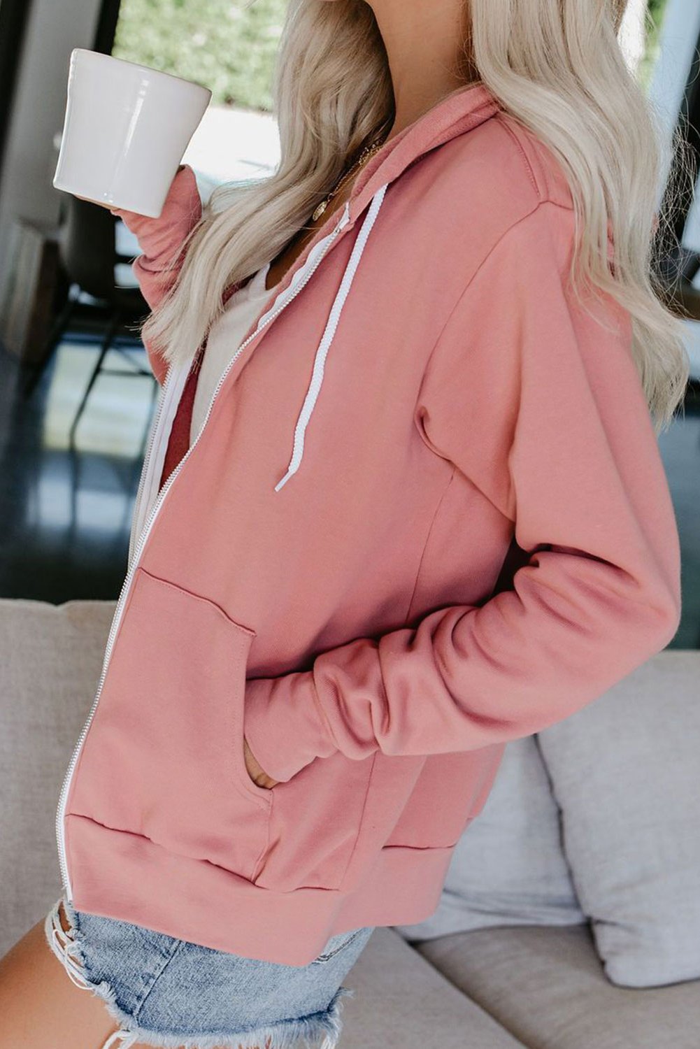 Fashion Pink Zip-up Hoodie Jacket featuring a metallic zipper and white drawcords, made from soft cotton-polyester blend, ideal for casual and sports wear.