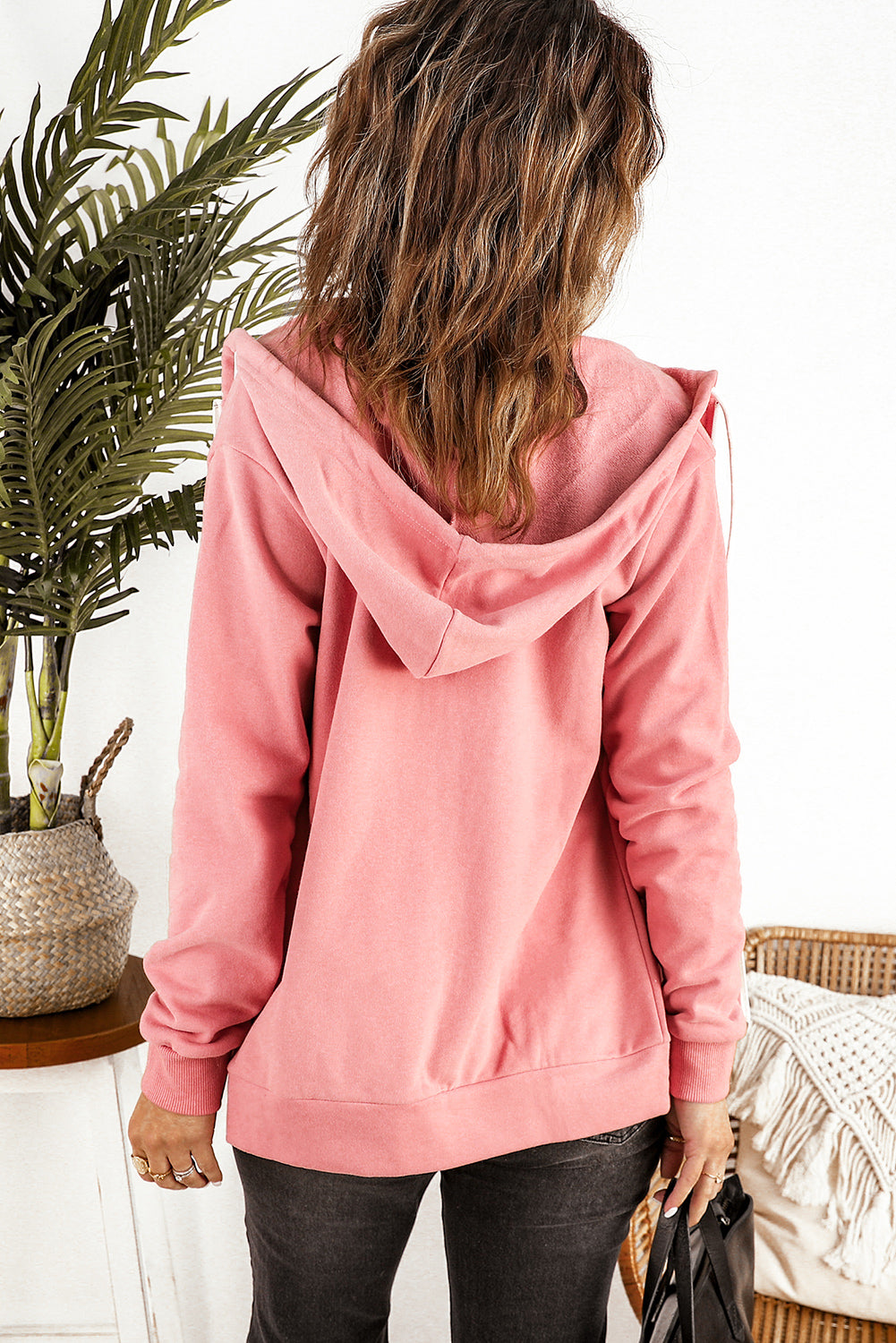 Fashion Pink Zip-up Hoodie Jacket featuring a metallic zipper and white drawcords, made from soft cotton-polyester blend, ideal for casual and sports wear.