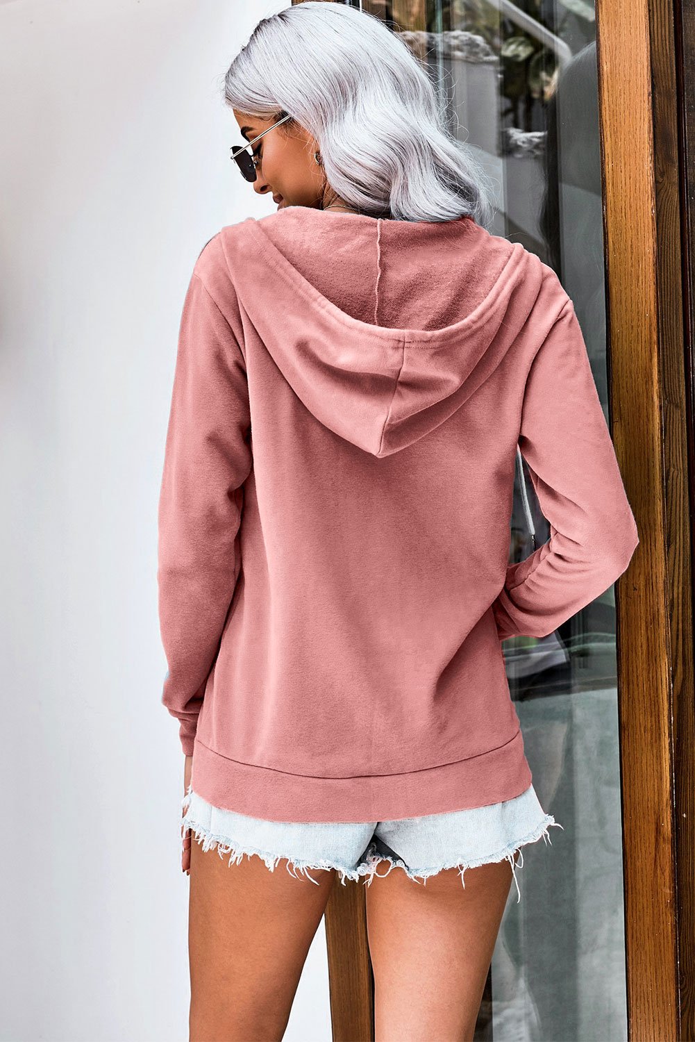 Fashion Pink Zip-up Hoodie Jacket featuring a metallic zipper and white drawcords, made from soft cotton-polyester blend, ideal for casual and sports wear.