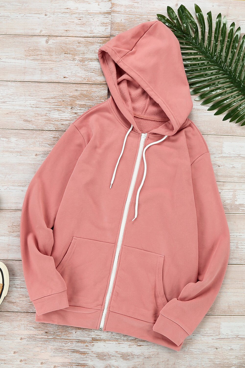 Fashion Pink Zip-up Hoodie Jacket featuring a metallic zipper and white drawcords, made from soft cotton-polyester blend, ideal for casual and sports wear.