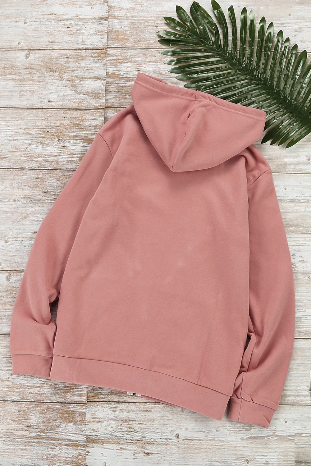 Fashion Pink Zip-up Hoodie Jacket featuring a metallic zipper and white drawcords, made from soft cotton-polyester blend, ideal for casual and sports wear.