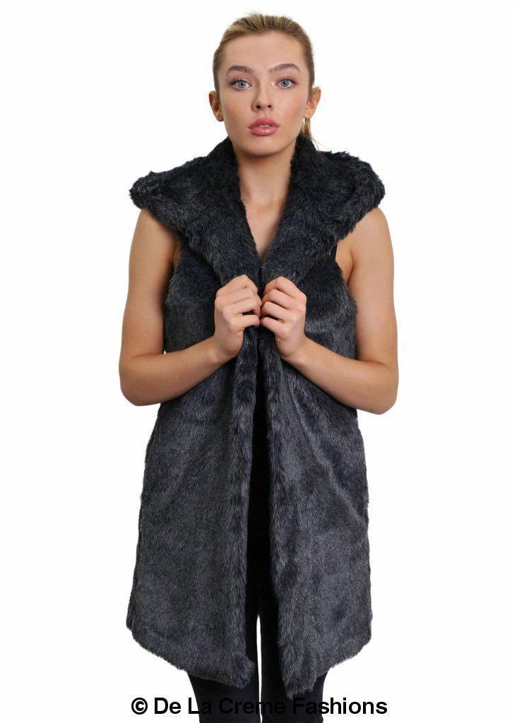 A stylish Faux Fur Hooded Gilet in various colors, showcasing its luxurious texture and design.