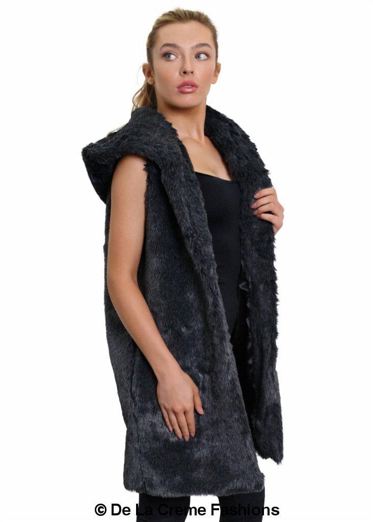 A stylish Faux Fur Hooded Gilet in various colors, showcasing its luxurious texture and design.