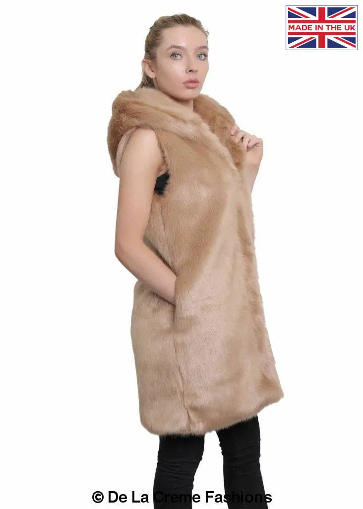 A stylish Faux Fur Hooded Gilet in various colors, showcasing its luxurious texture and design.