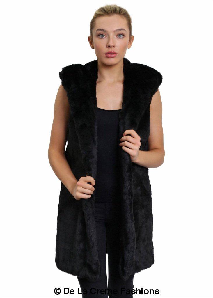 A stylish Faux Fur Hooded Gilet in various colors, showcasing its luxurious texture and design.