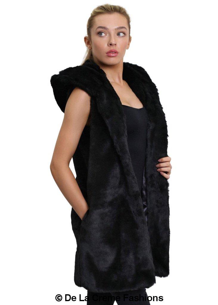 A stylish Faux Fur Hooded Gilet in various colors, showcasing its luxurious texture and design.