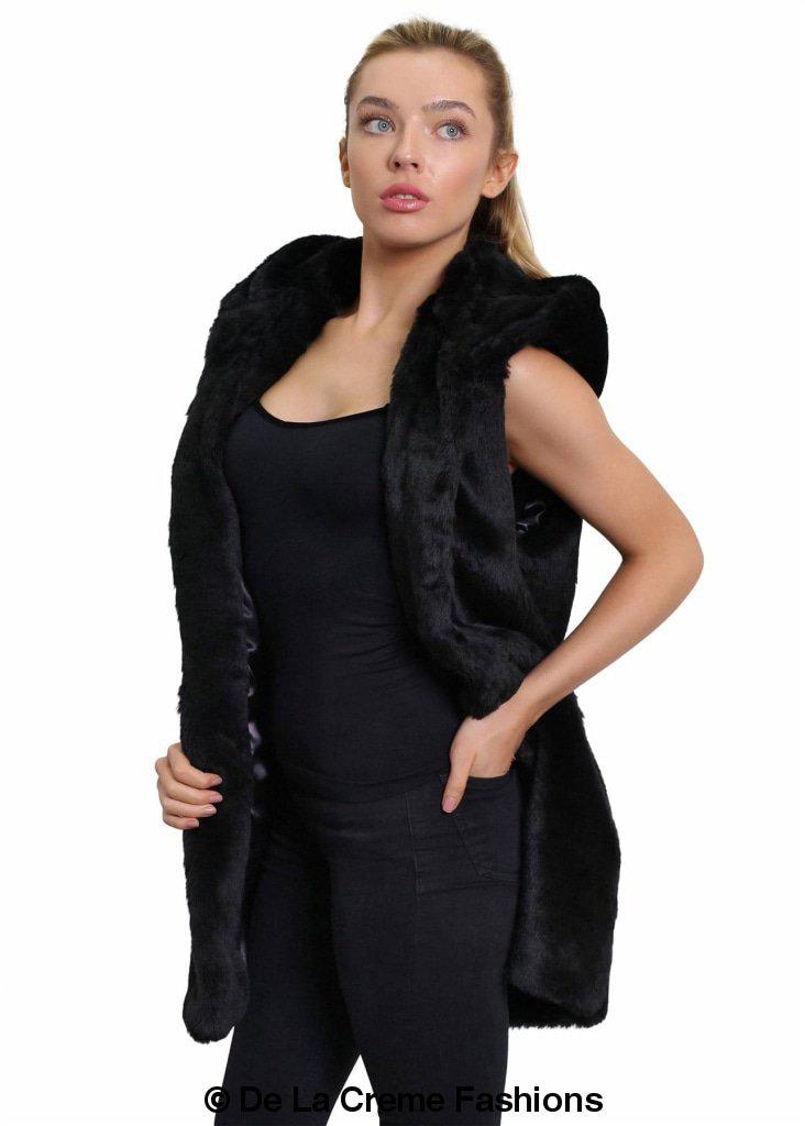 A stylish Faux Fur Hooded Gilet in various colors, showcasing its luxurious texture and design.