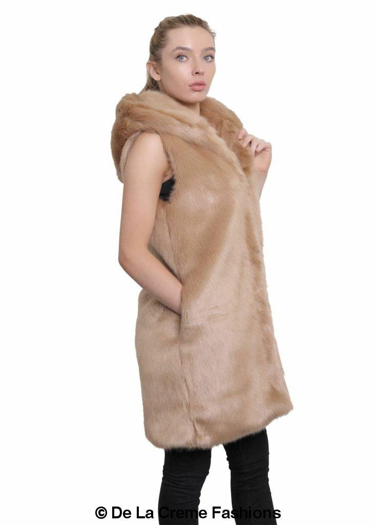 A stylish Faux Fur Hooded Gilet in various colors, showcasing its luxurious texture and design.