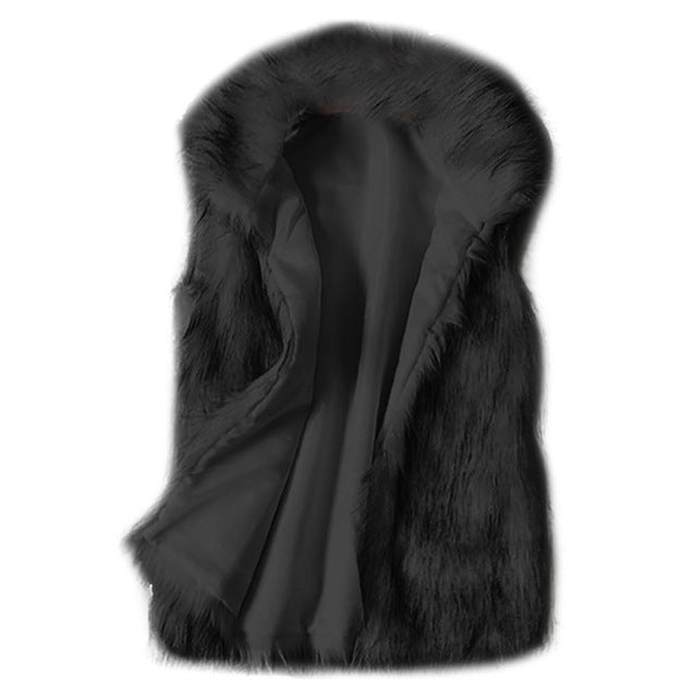 A luxurious faux fur vest with a standing collar, showcasing a natural color and sleeveless design, perfect for stylish layering.