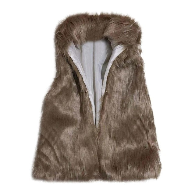 A luxurious faux fur vest with a standing collar, showcasing a natural color and sleeveless design, perfect for stylish layering.