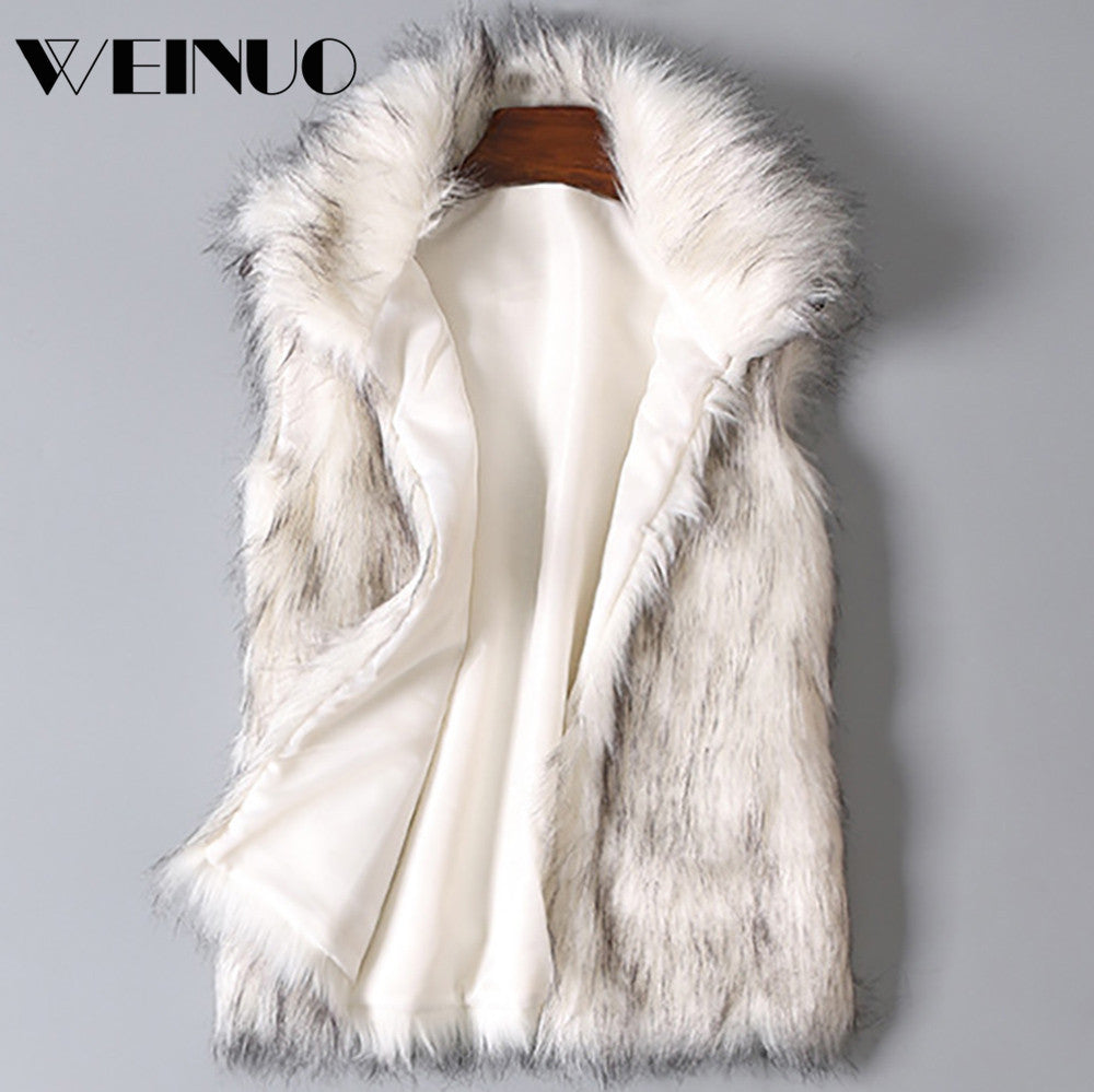 A luxurious faux fur vest with a standing collar, showcasing a natural color and sleeveless design, perfect for stylish layering.