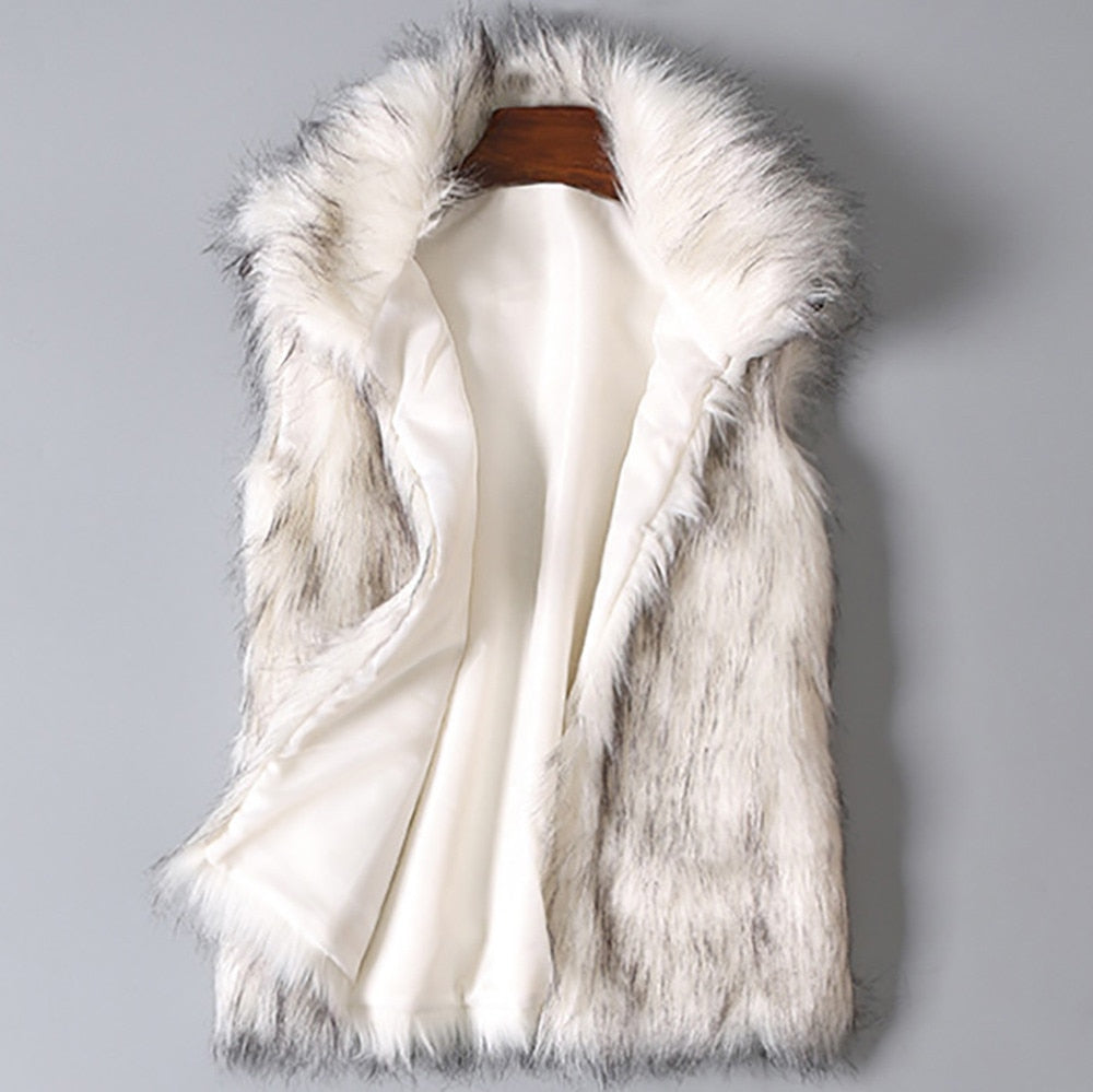 A luxurious faux fur vest with a standing collar, showcasing a natural color and sleeveless design, perfect for stylish layering.