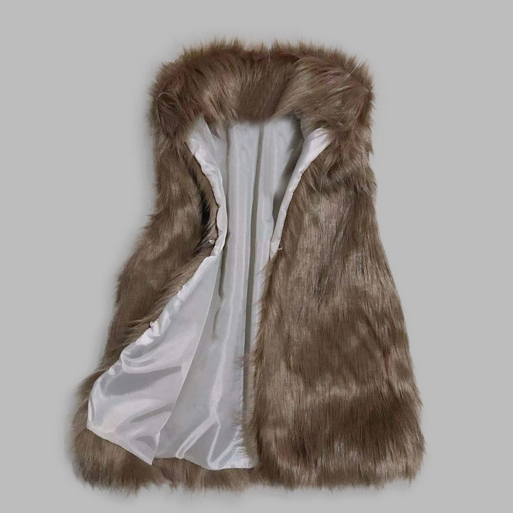 A luxurious faux fur vest with a standing collar, showcasing a natural color and sleeveless design, perfect for stylish layering.