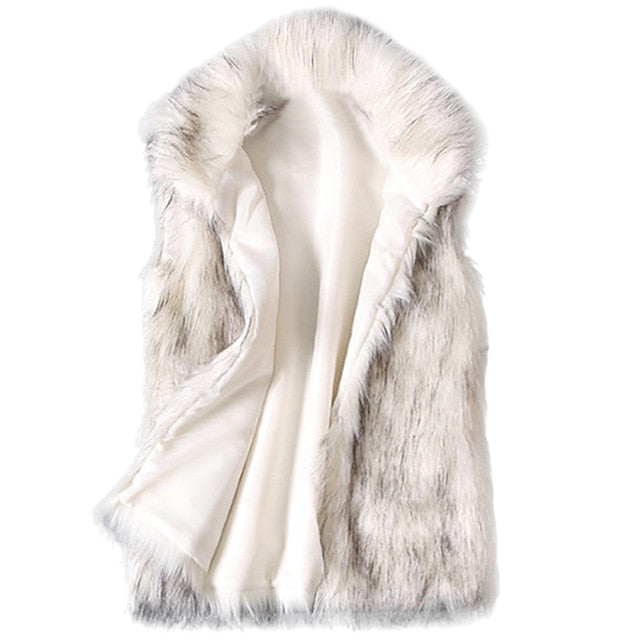 A luxurious faux fur vest with a standing collar, showcasing a natural color and sleeveless design, perfect for stylish layering.