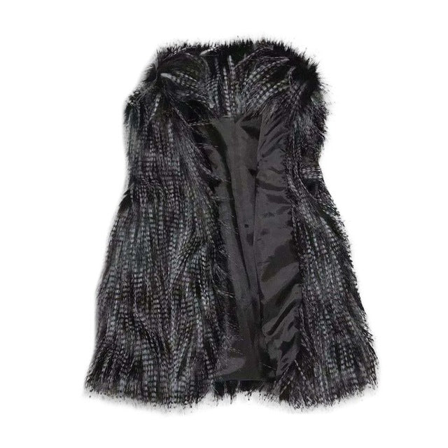 A luxurious faux fur vest with a standing collar, showcasing a natural color and sleeveless design, perfect for stylish layering.