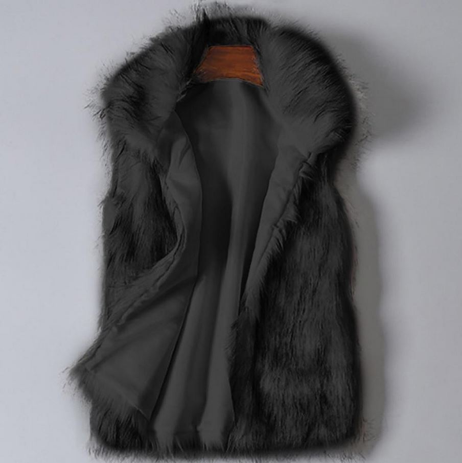 A luxurious faux fur vest with a standing collar, showcasing a natural color and sleeveless design, perfect for stylish layering.