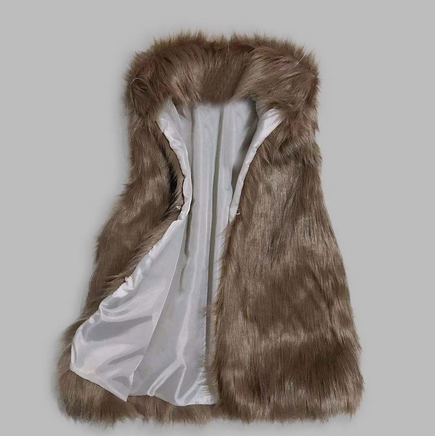 A luxurious faux fur vest with a standing collar, showcasing a natural color and sleeveless design, perfect for stylish layering.