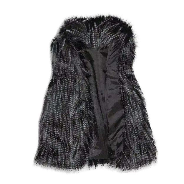 A luxurious faux fur vest with a standing collar, showcasing a natural color and sleeveless design, perfect for stylish layering.