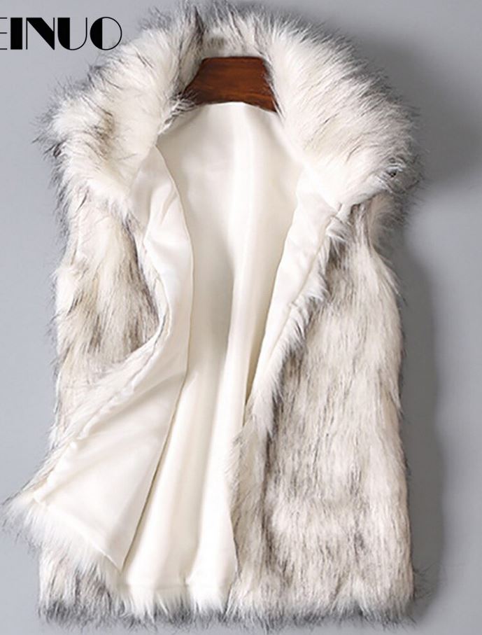 A luxurious faux fur vest with a standing collar, showcasing a natural color and sleeveless design, perfect for stylish layering.