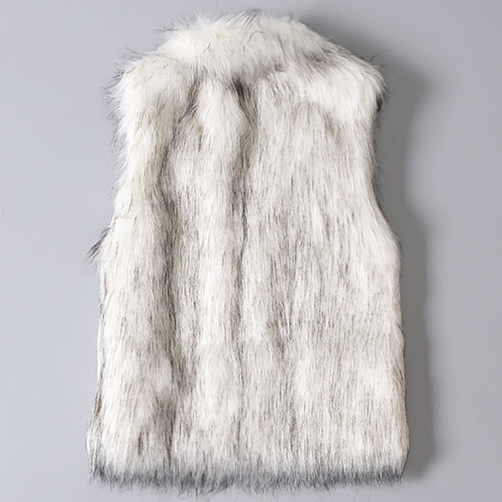 A luxurious faux fur vest with a standing collar, showcasing a natural color and sleeveless design, perfect for stylish layering.