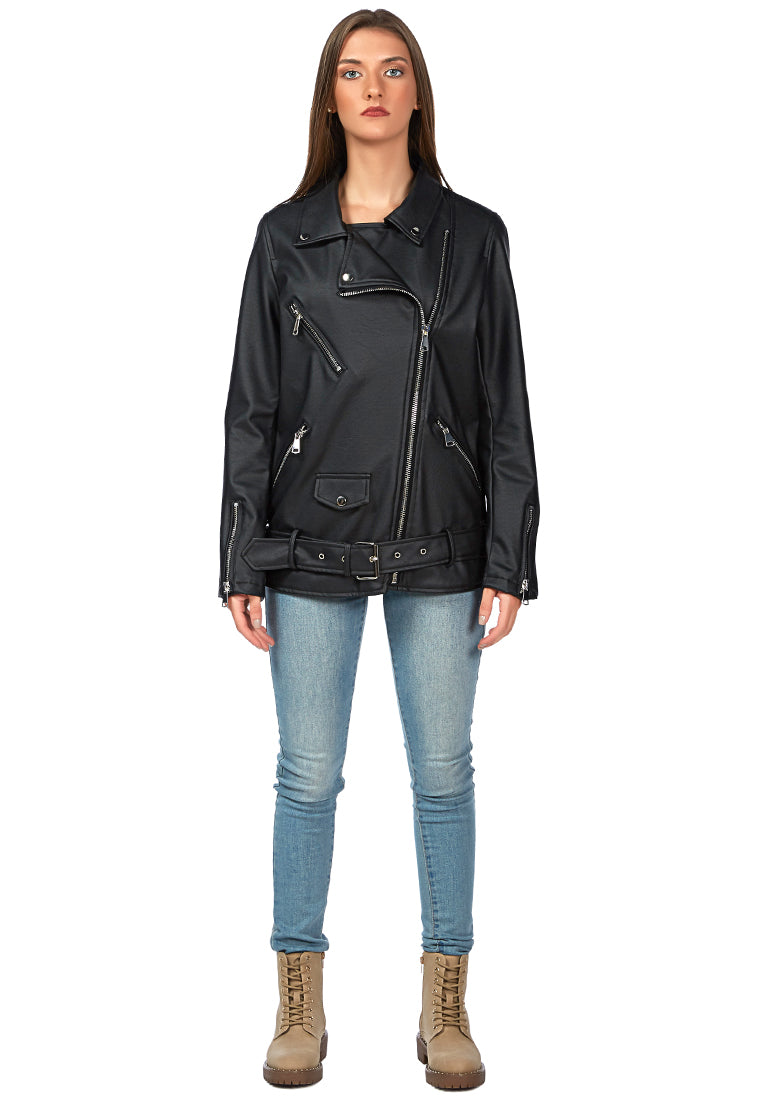 A stylish faux leather biker jacket featuring long sleeves, a collared neckline, and three front pockets, perfect for a chic look.