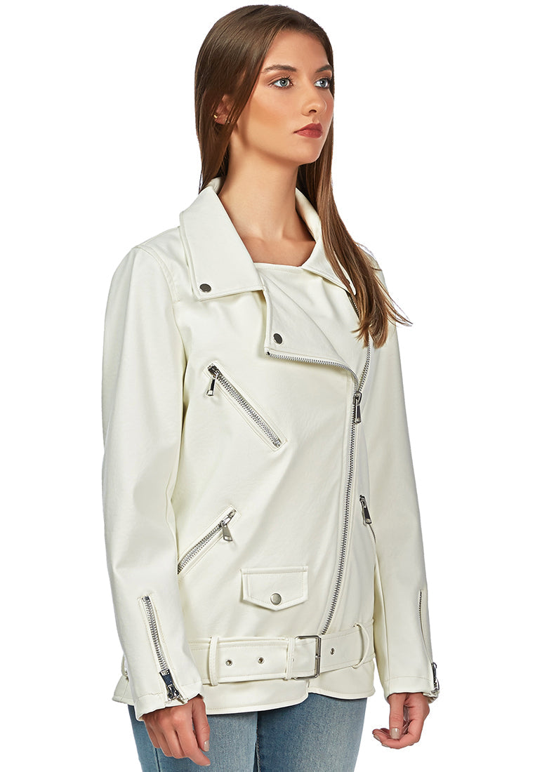 A stylish faux leather biker jacket featuring long sleeves, a collared neckline, and three front pockets, perfect for a chic look.