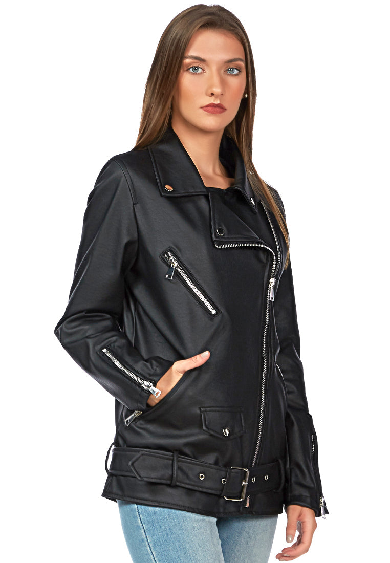 A stylish faux leather biker jacket featuring long sleeves, a collared neckline, and three front pockets, perfect for a chic look.