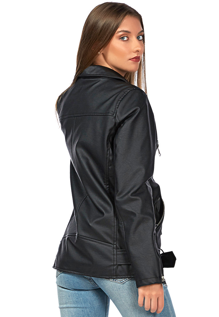 A stylish faux leather biker jacket featuring long sleeves, a collared neckline, and three front pockets, perfect for a chic look.