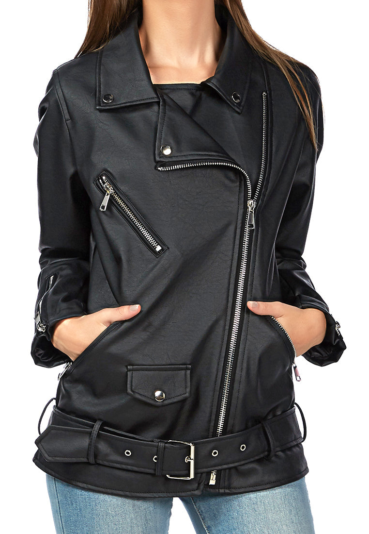 A stylish faux leather biker jacket featuring long sleeves, a collared neckline, and three front pockets, perfect for a chic look.