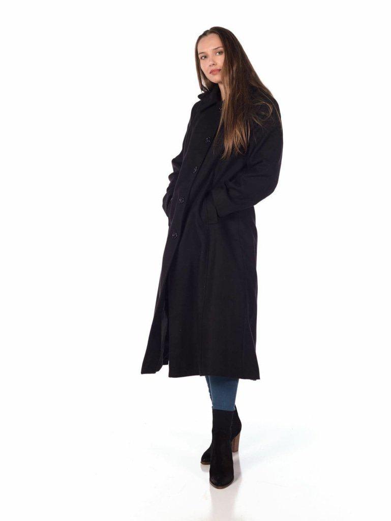 A stylish Faux Wool Longline Hooded Winter Coat in black, featuring a detachable hood and two side pockets, perfect for winter wear.