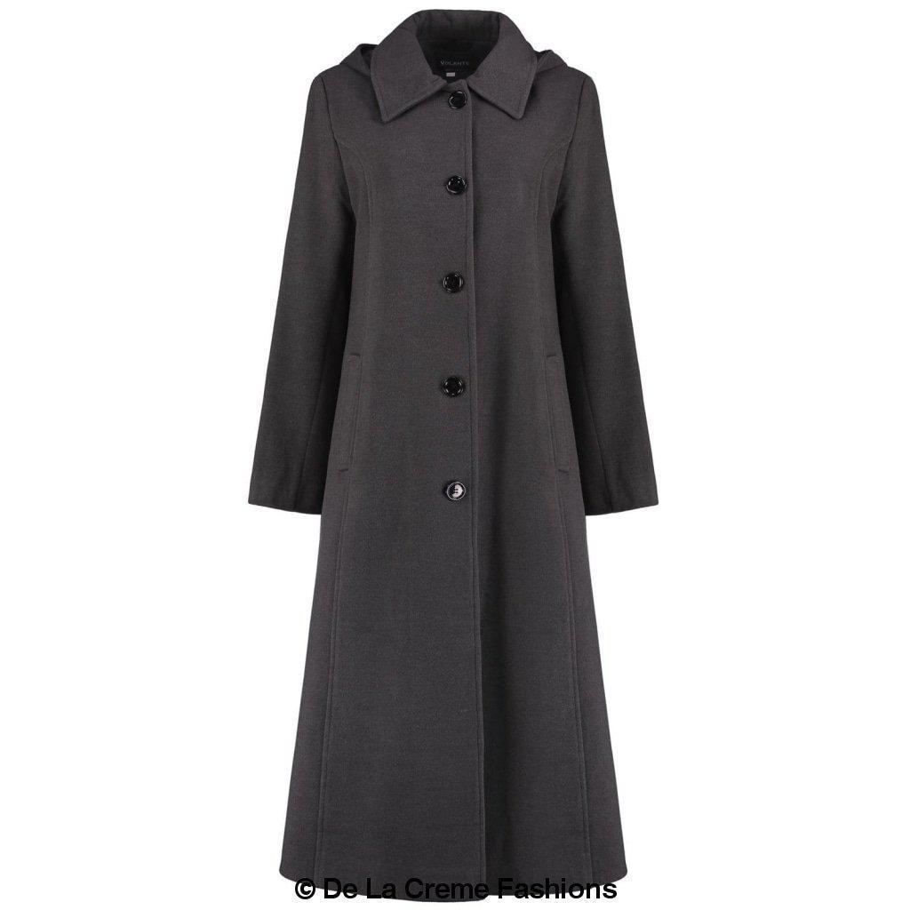 A stylish Faux Wool Longline Hooded Winter Coat in black, featuring a detachable hood and two side pockets, perfect for winter wear.